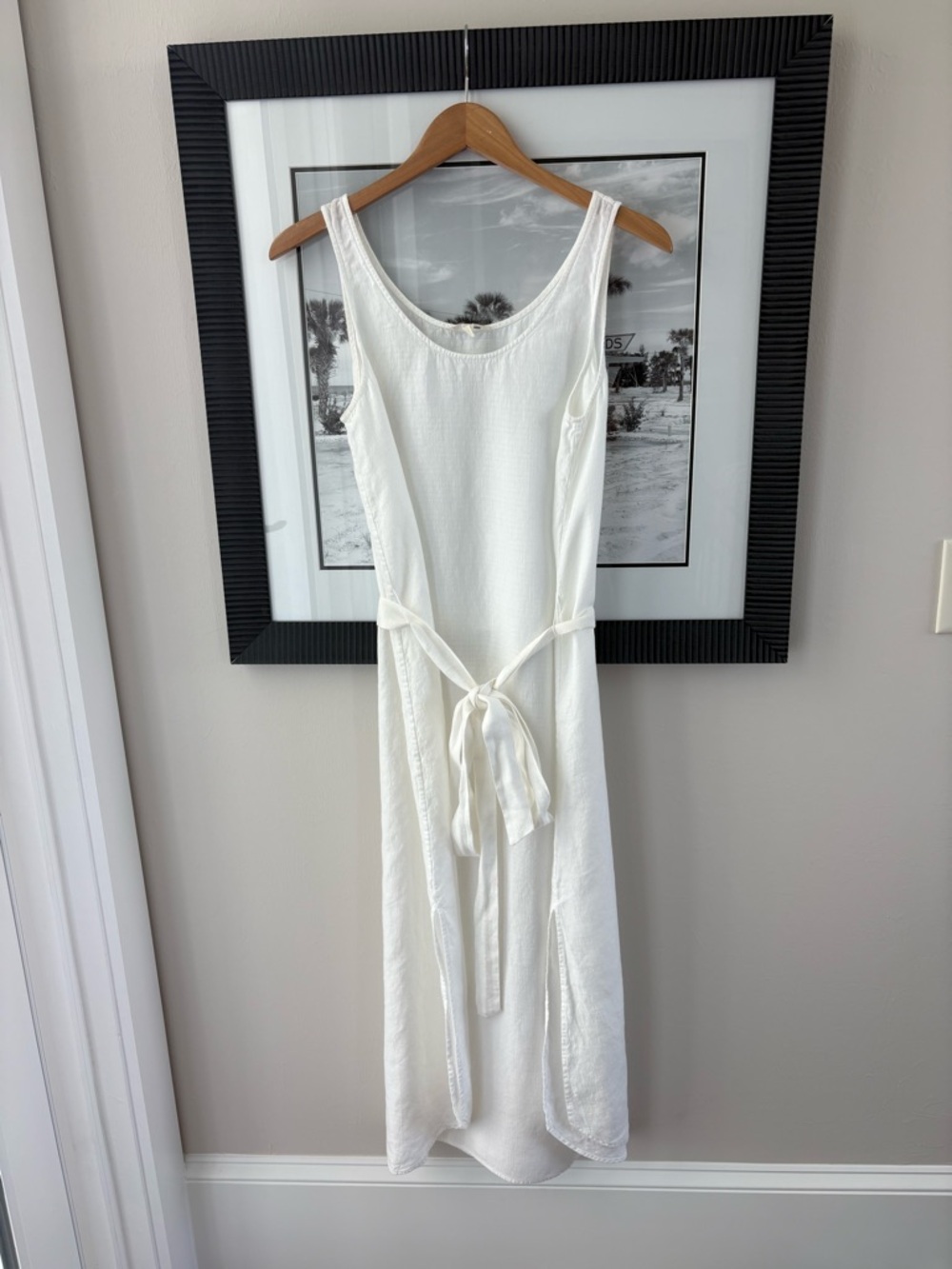Eileen Fisher White Linen Blend Sleeveless Tie Waist Midi Dress S/P